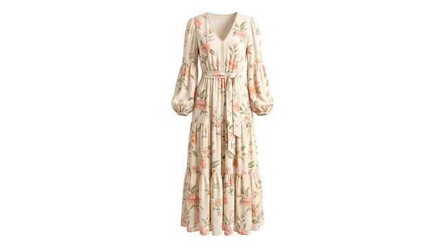 Bohemian floral maxi dress with long puff sleeves, romantic cream tiered gown with peach blossoms, elegant vintage style long dress for spring weddings isolated PNG with Transparent Background