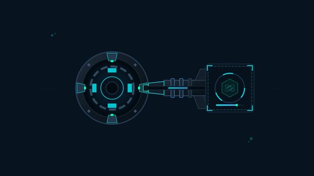 Futuristic digital user interface with rotating circular radar and glowing green atomic symbol module animating against dark background