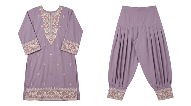 Traditional lavender embroidered kurta and dhoti pants set, elegant south asian ethnic wear, lilac cotton salwar kameez for festive occasions isolated PNG with Transparent Background