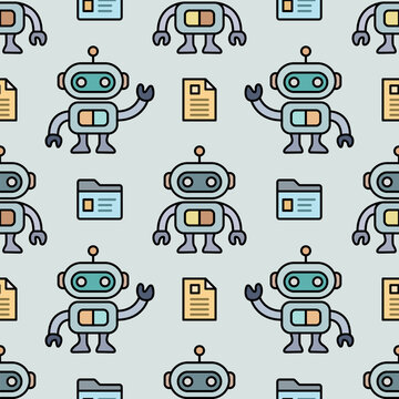 Cute kawaii robot document file seamless pattern flat outline
