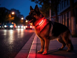 Fototapeta premium German shepherd dog wears glowing LED collar on urban street at night. Pet with red light stands on sidewalk near dark road with city traffic bokeh. Loyal canine companion walks safely during evening