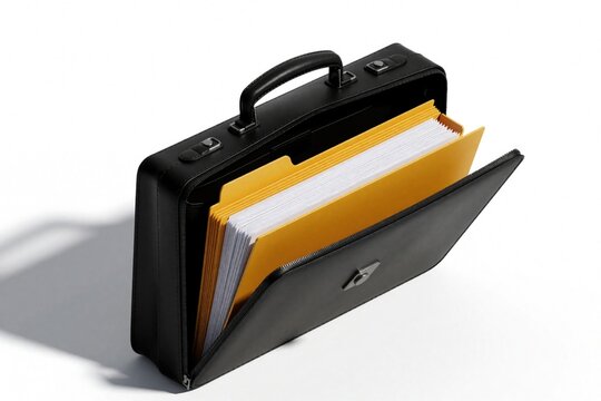 Open black pro briefcase filled with yellow folders, white papers. Business documents organized inside portable case for office work. Lawyer accountant carries important files in sturdy container for