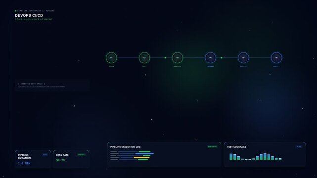 DevOps CI/CD pipeline visualization with build, test and deploy stages, seamless loop