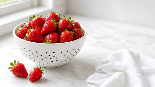 Fresh ripe strawberries in a white colander on a marble counter