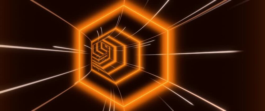 Orange neon hexagon tunnel winding through dark space with rushing light streaks, glowing scifi hyperspace background,