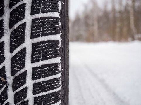 Winter tyre tread packed with snow on a snowy forest road with copy space