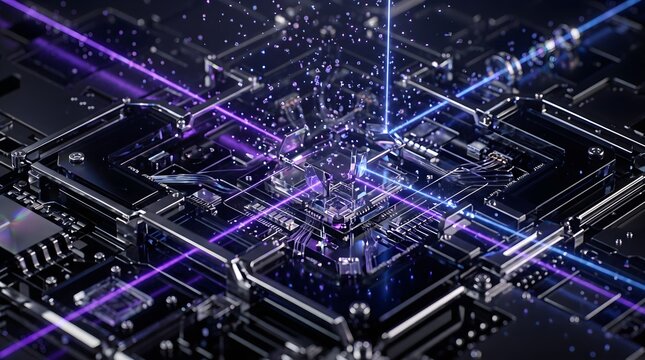 Advanced quantum computing microchip processor unit emitting vibrant purple laser beams and glowing data particles on a futuristic circuit board.