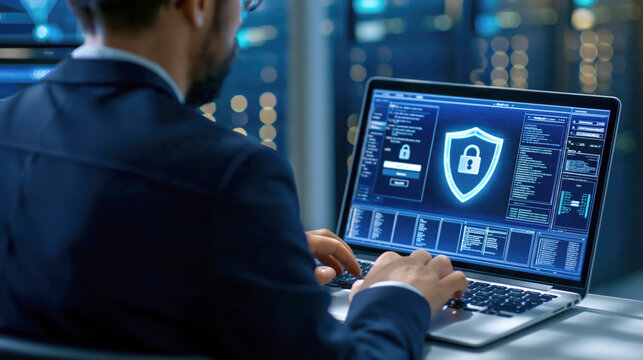 Cybersecurity laptop shield lock data protection network privacy male engineer server room suit technology IT professional workstation encryption
