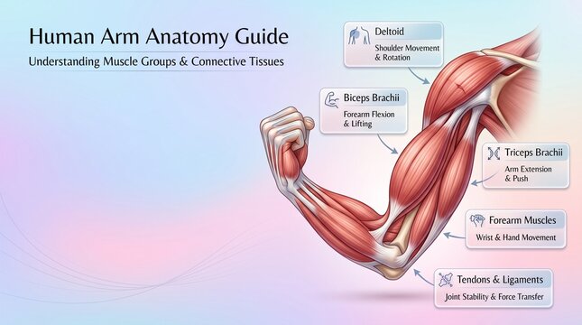 Human arm anatomy, deltoid, biceps brachii, triceps brachii, forearm muscles, tendons and ligaments, educational medical infographic illustration