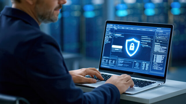 Security engineer working on laptop with cybersecurity shield icon and code on screen in server room, focused and professional