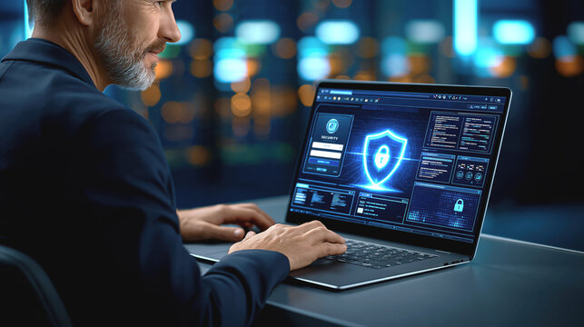 Experienced male engineer working on cybersecurity dashboard laptop, focused and determined in modern office night setting