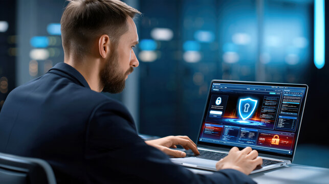 Modern cybersecurity analyst working laptop displaying shield icon and threat dashboard secure data center environment, focused and determined