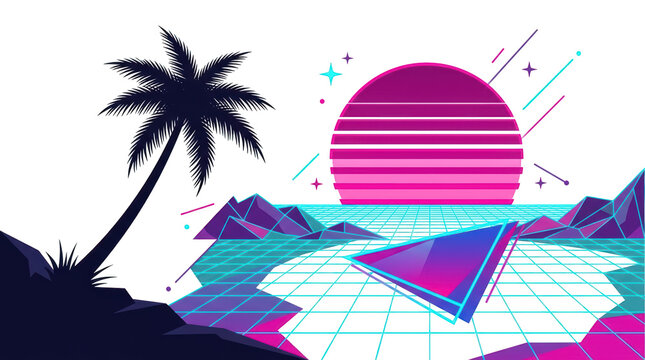 Retro synthwave landscape with palm tree and neon sun isolated on transparent background