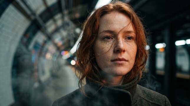 Young woman with red hair standing in a dark subway tunnel waiting