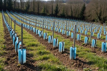 Naklejka premium Young grape vines grow in rows of vineyard plantation. New plants protected by blue plastic tubes in soil. Sustainable agriculture field with irrigation setup for crop development. Rural farm