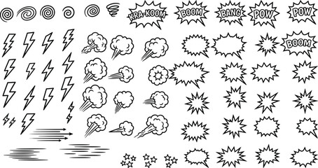 Comic book elements set with speech bubbles, explosion bursts, lightning bolts, and speed lines vector illustration © prasenjeet