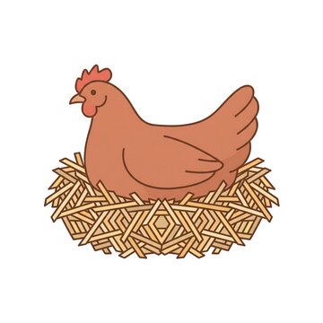 A brown hen sitting on a straw nest isolated on a white background in a cartoon style