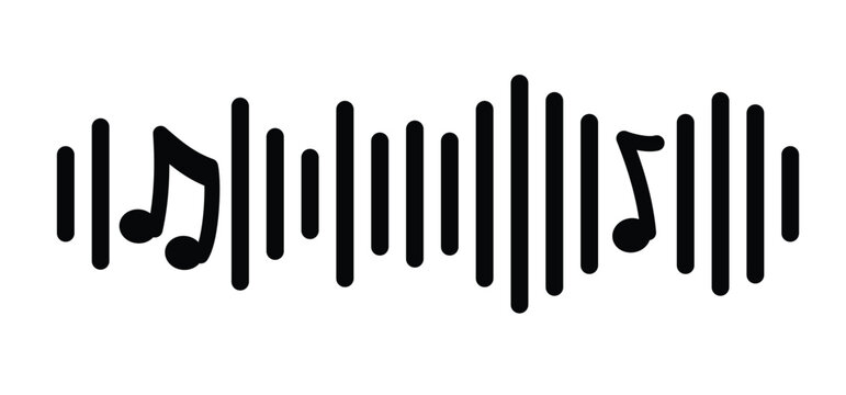Musical notes surrounded by a rhythmic pattern of sound bars. Classical music notation and digital audio waveform. Musical notes stave. for staff and music key note theme. Treble, voice, wave.