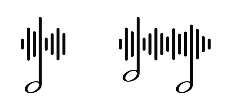 Musical notes surrounded by a rhythmic pattern of sound bars. Classical music notation and digital audio waveform. Musical notes stave. for staff and music key note theme. Treble, voice, wave.