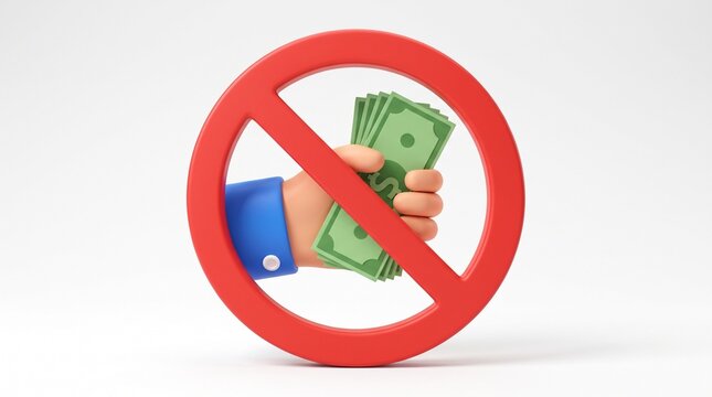 3D hand holding money cash with red prohibition prohibition sign for anti-corruption, no cash, anti-bribery, cashless transaction, and forbidden cash