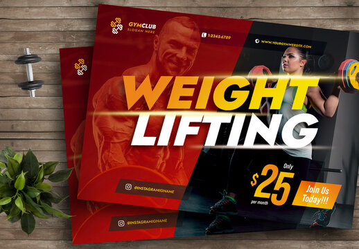 Weight Lifting Fitness Gym Flyer Template with Red and Yellow Color