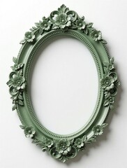Fototapeta premium Vintage ornate oval picture frame with green floral carvings on white background. Decorative antique baroque style frame features elegant flower patterns, scrolls. Empty classic border for portrait