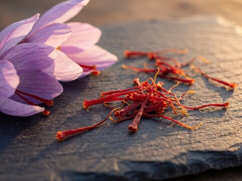 Precious saffron spice threads and fresh purple crocus flowers on a dark slate board in warm sunlight