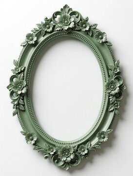 Vintage ornate oval picture frame with green floral carvings on white background. Decorative antique baroque style frame features elegant flower patterns, scrolls. Empty classic border for portrait
