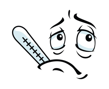 Ill sick emoji face with thermometer in mouth for cartoon face expression icon. Unhappy sad face emoticon with flu disease or fever unwell feeling for cartoon face with sad eyes and poor illness look