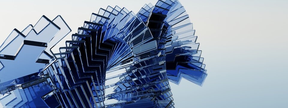 Futuristic 3D Blue Glass Zigzag Pleated Tower with Stacked Chevron Geometric Panels
