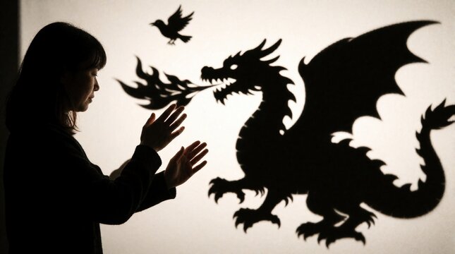 Creative woman makes shadow puppets on white wall. Large dragon silhouette breathes fire near small bird shape. Girl uses hands to create fantasy stories with light, shadow. Artistic indoor hobby for