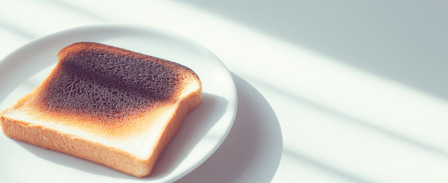 Burnt toast slice sitting on white plate, representing a cooking error and kitchen accident with copy space
