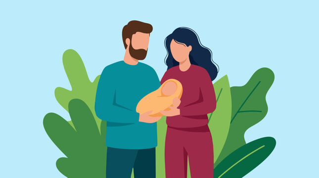 Happy Parents Holding Newborn Baby in Flat Vector Illustration Style