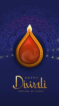 Minimalist Happy Diwali Festival Animation Featuring a Glowing Golden Diya, Elegant Gold Lettering and Decorative Indian Mandala Motifs on a Navy Blue Background, 4K. Indian Festival of Lights Motion 