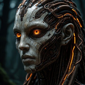 Mystical humanoid android with glowing orange eyes, bio-mechanical skin. Cyborg creature features intricate tech wires, organic patterns. Sci-fi female character portrait shows mysterious alien life