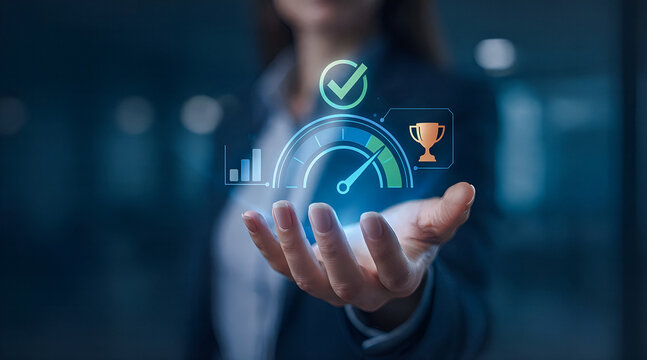 Businesswoman holding digital performance speedometer, checkmark, and trophy success icons in corporate office
