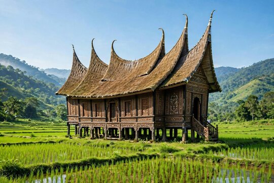 Traditional Rumah Gadang house of MinangkabauWest Sumatera, Indonesia - iconic buffalo horny roof architecture 