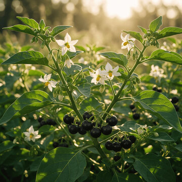 Black Nightshade with White Star-Shaped Flowers and Glossy Black Berries in Natural Light
