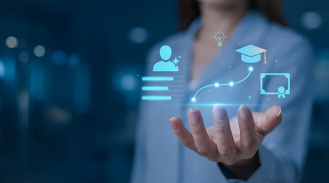 Businesswoman holding digital employee skills profile, education roadmap, and certification icons in corporate office

