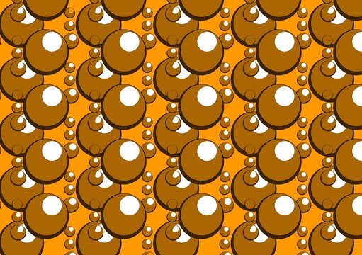 Seamless pattern featuring glossy brown glossy spheres and boba boba-like circles arranged on a bright orange background
