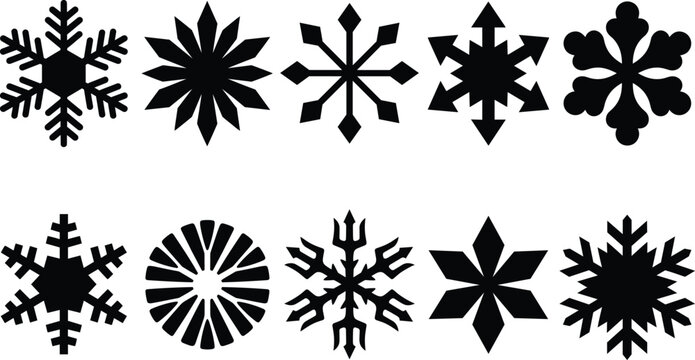 Snowflake silhouette collection, black winter crystal icons isolated on white background for seasonal graphic design