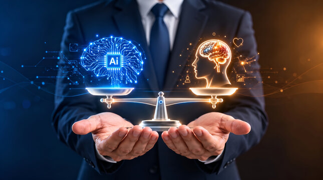 A businessman holding a glowing scale comparing artificial intelligence and human brain concept, representing ethics, decision making, technology versus humanity, and mental balance in modern business