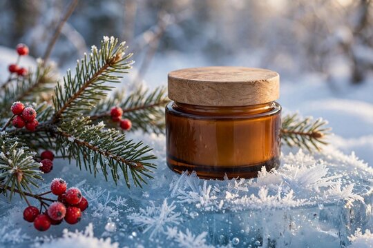 Amber glass cosmetic cream jar on frosted ice with pine and winterberries