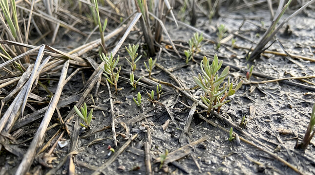 Young salt marsh plants establish in damp coastal sediment. Suitable for wetland monitoring materials, ecological research, restoration updates, and sustainability reports.