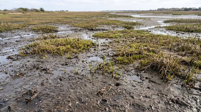 Native coastal grasses reestablish across muddy salt marsh sediment. Suitable for wetland restoration reports, biodiversity campaigns, and environmental sustainability presentations.
