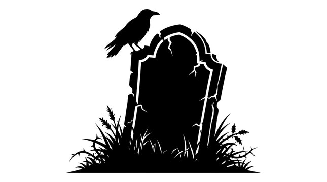 Spooky tombstone silhouette with raven bird on white background