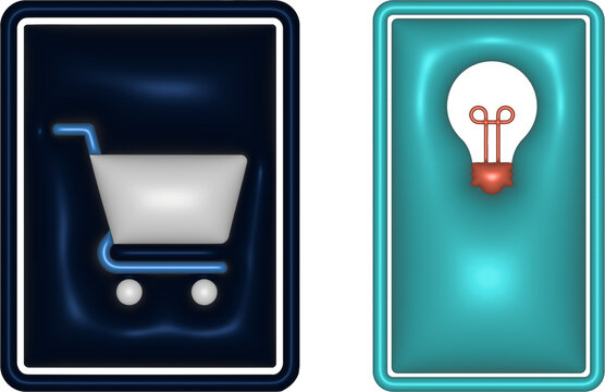 3d shopping cart and light bulb icons isolated on transparent background