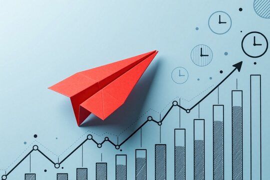 Red paper airplane flies over blue financial growth charts. Origami plane moves upward along rising bar graph, line trend. Minimalist business concept for success, profit, startup progress, economic