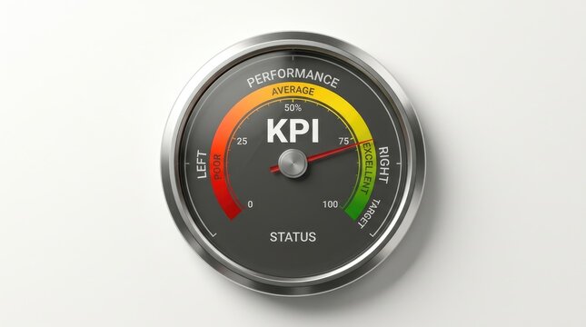 KPI performance gauge with status indicator. Metric dashboard showing success level. Business analytics dial with green-yellow-red zones