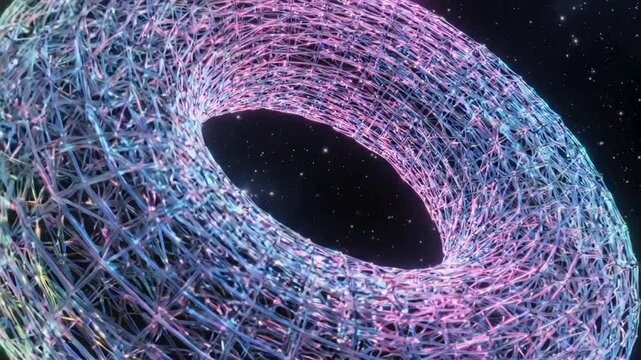 Colorful neon wireframe torus rotating smoothly in dark space abstract 3d geometric motion graphic loop digital animation